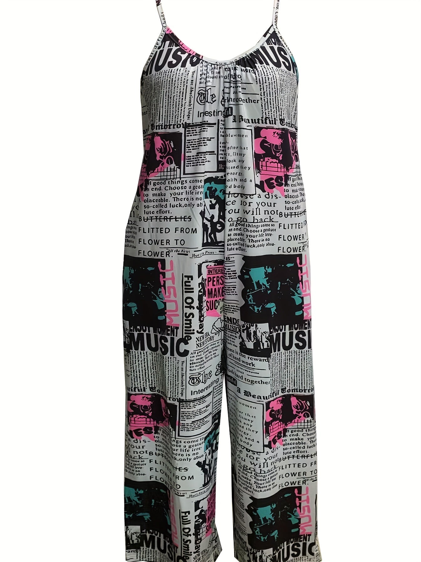 Plus Size Women's Jumpsuit Newspaper Print Off-Shoulder Pockets Casual All-Season