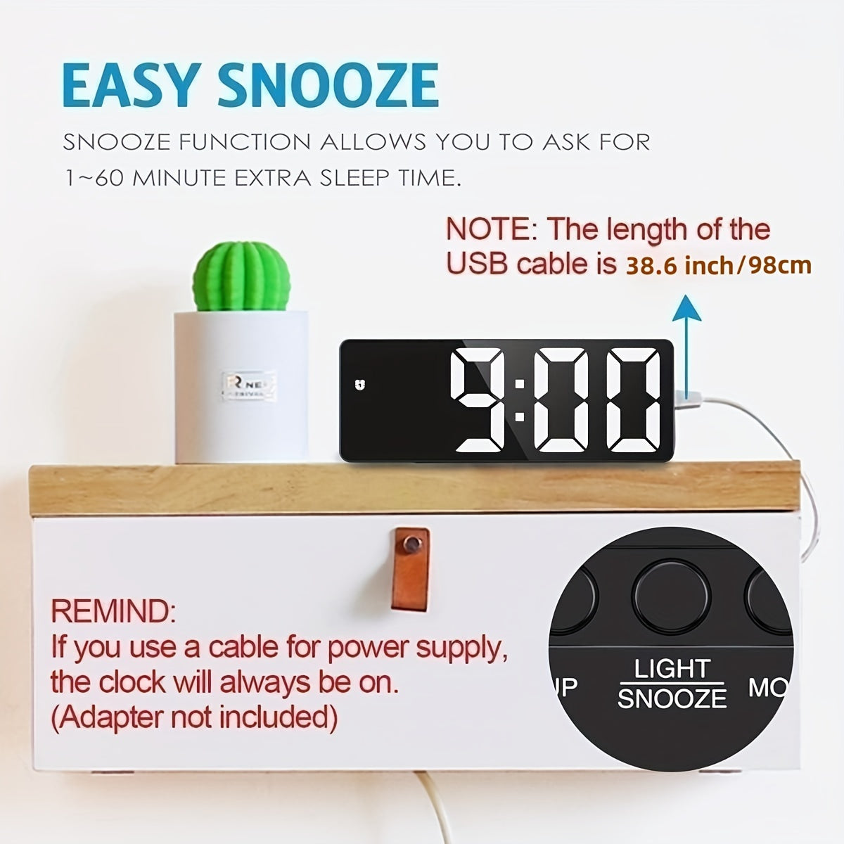 Digital Alarm Clock with Snooze and Brightness Control for Bedroom