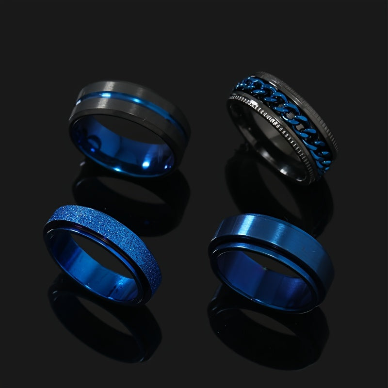 Black Rotating Rings for Men, Minimalist Stylish Jewelry with Concave Grooves