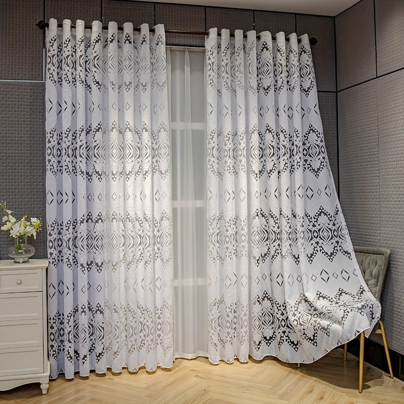 Geometric Jacquard Sheer Curtains for Living Room Polyester Grommet Top