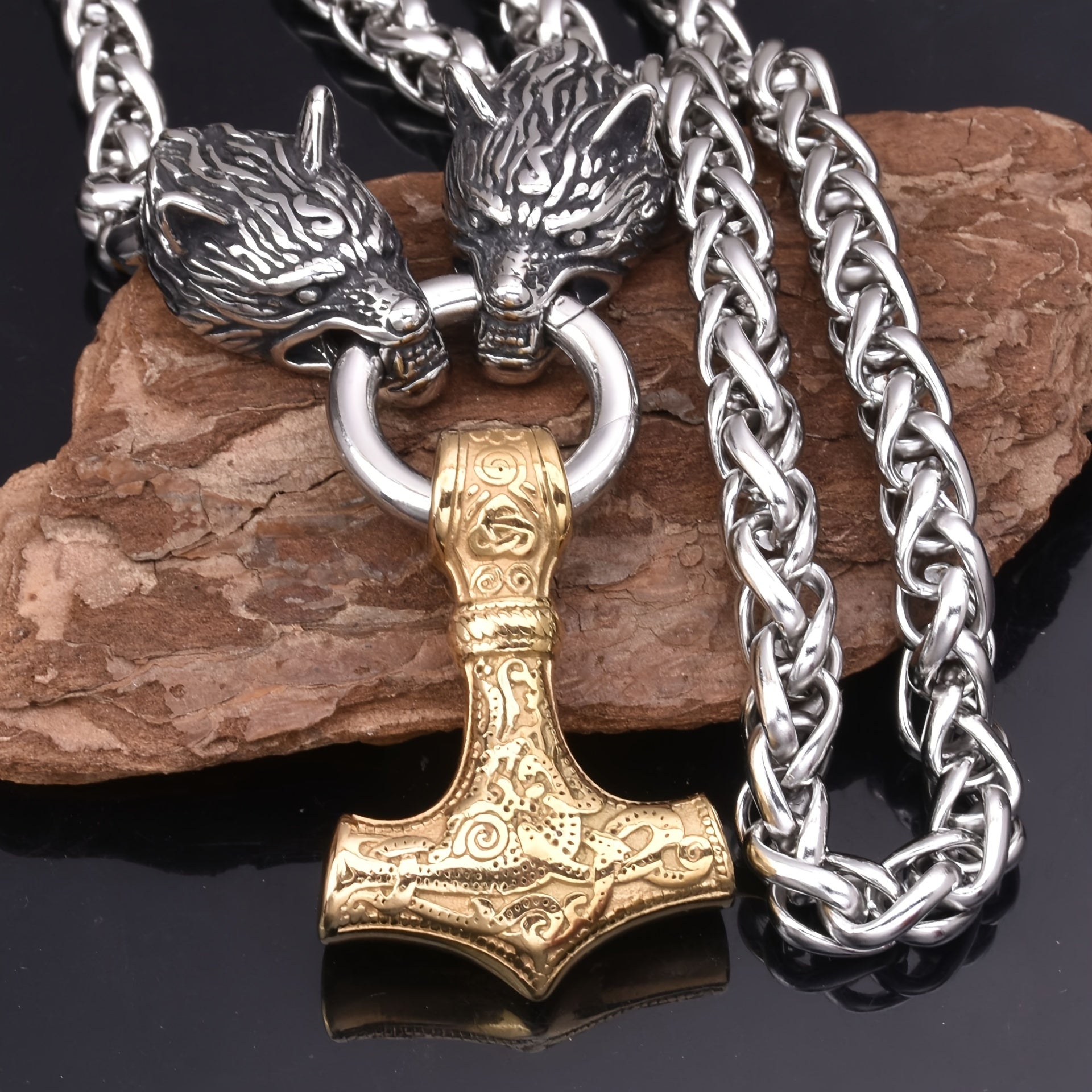 Gold Wolf Head Thor's Hammer Pendant Necklace Men Viking Jewelry