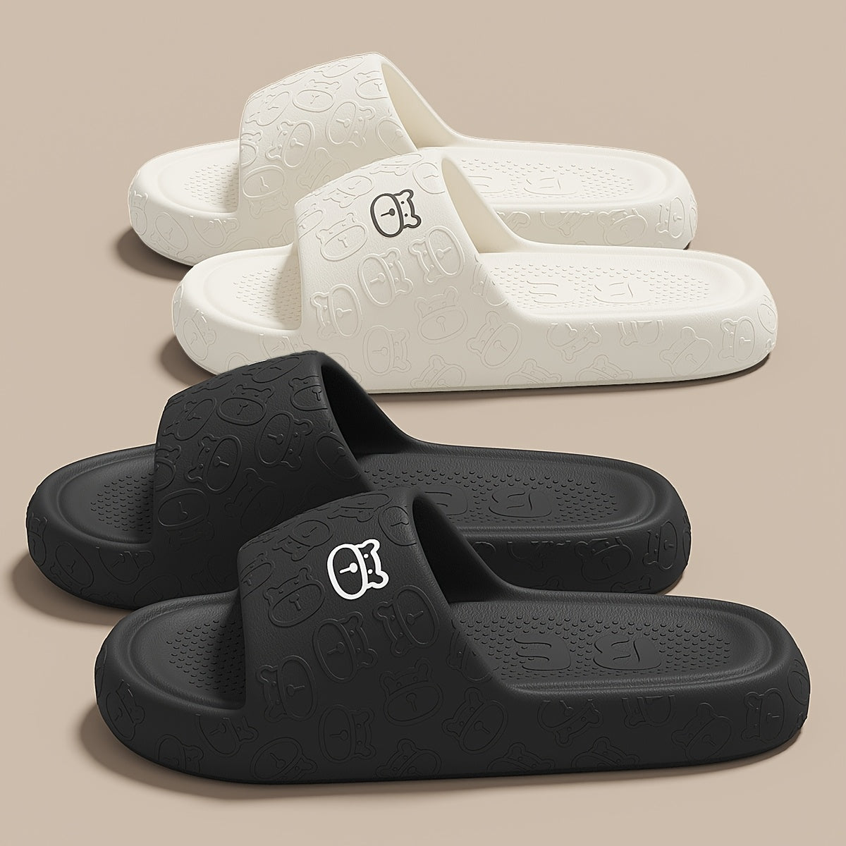 Unisex Cartoon Bear Print Slip-On Indoor Outdoor House Shoes Black Pink Size 48 49