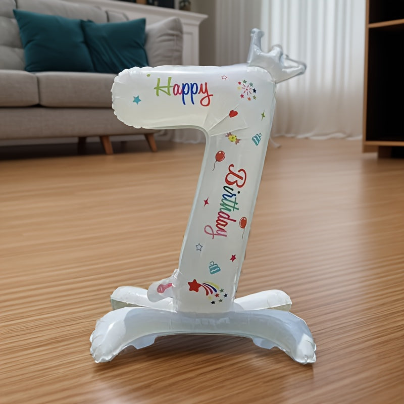 White 32-Inch Crown Number Balloon with Colorful Designs for Birthday Party