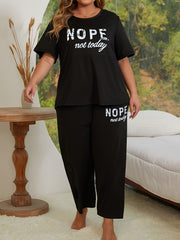 Plus-Size Polyester Loungewear Set with Slogan Print Top and Pants for Women