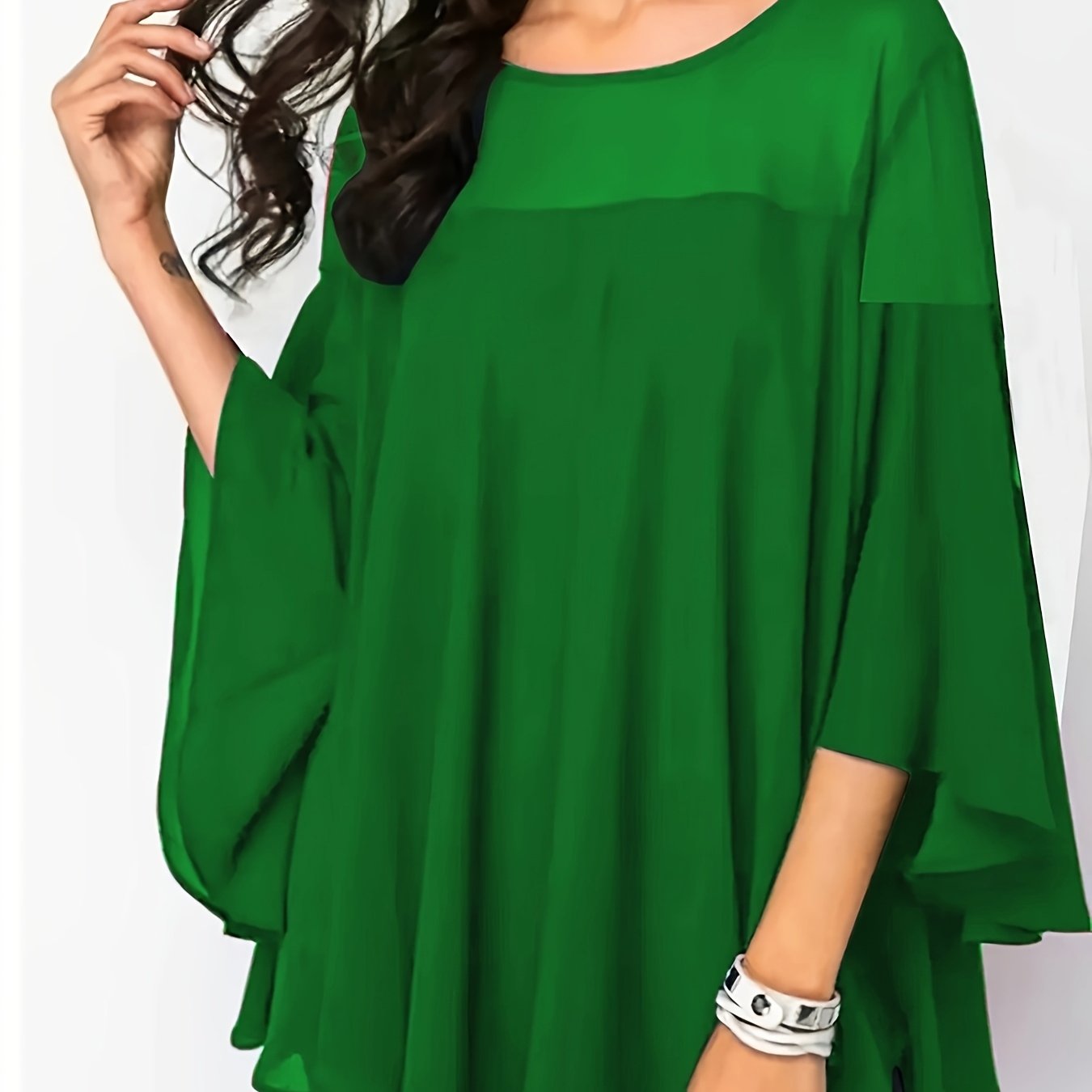 Plus Size Women's Green Blouse with Lace Detail, Half Sleeves, Crew Neck