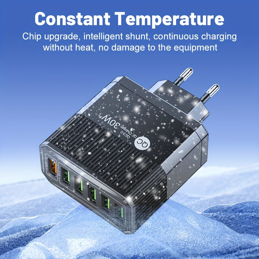 6-port USB devor zaryadkasi 30W tez zaryadlash QC 3.0 EU rozetkasi uchun mobil qurilmalar