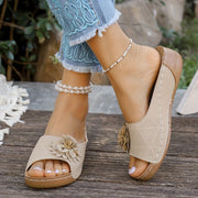 Women's Floral Wedge Sandals White Open-Toe Slip-On Low Heel Summer