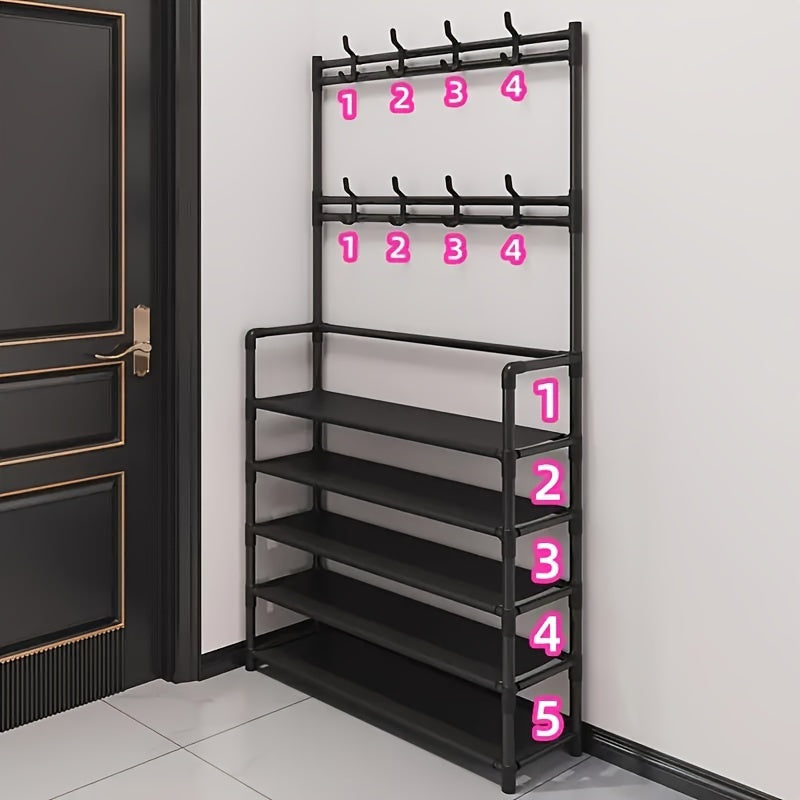 Metal Storage Rack with Varnished Finish and Coat Hanger for Bedroom and Entryway in Black or White