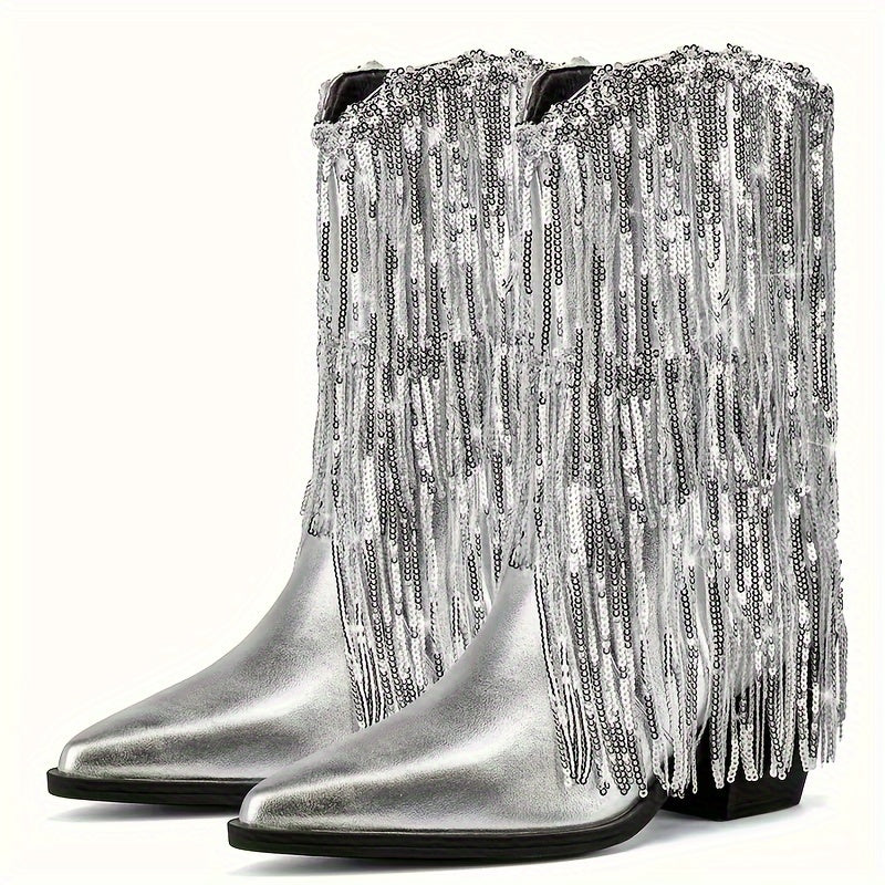 Женские ботинки на каблуке с пайетками и кисточками для вечерних и праздничных образов