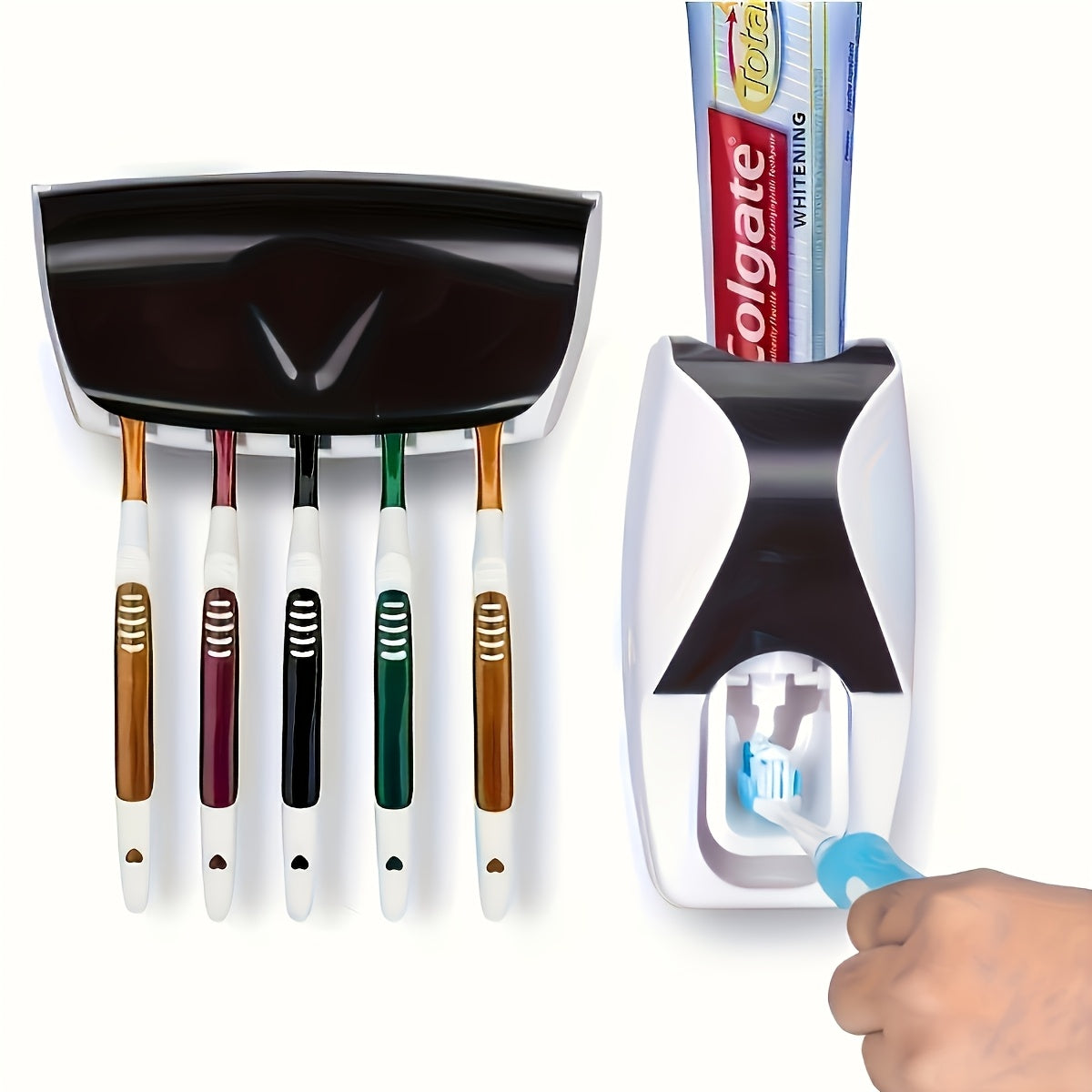 Wall-Mounted Toothbrush Holder with Automatic Toothpaste Dispenser No-Drill Organizer Manual Operation