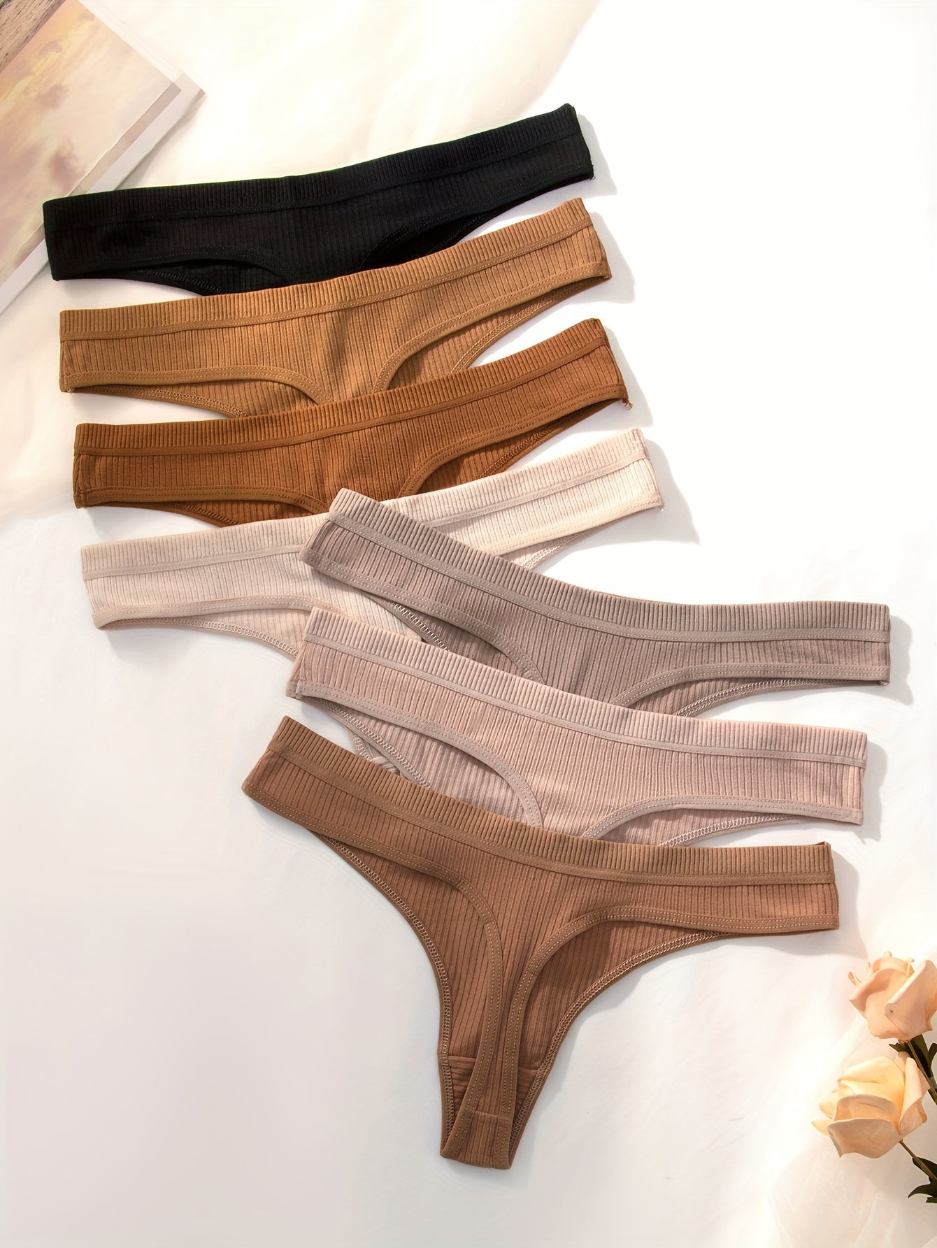7-Pack Women's Ribbed Solid Color Thongs Polyester Blend Casual Underwear