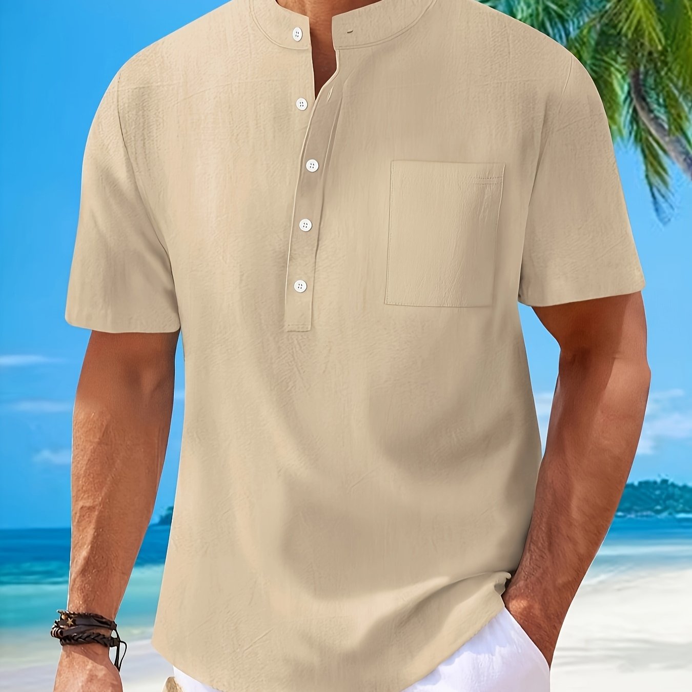 Men's Cotton Linen Henley Shirt with Mandarin Collar Short Sleeve Pocket Casual Spring Vacation