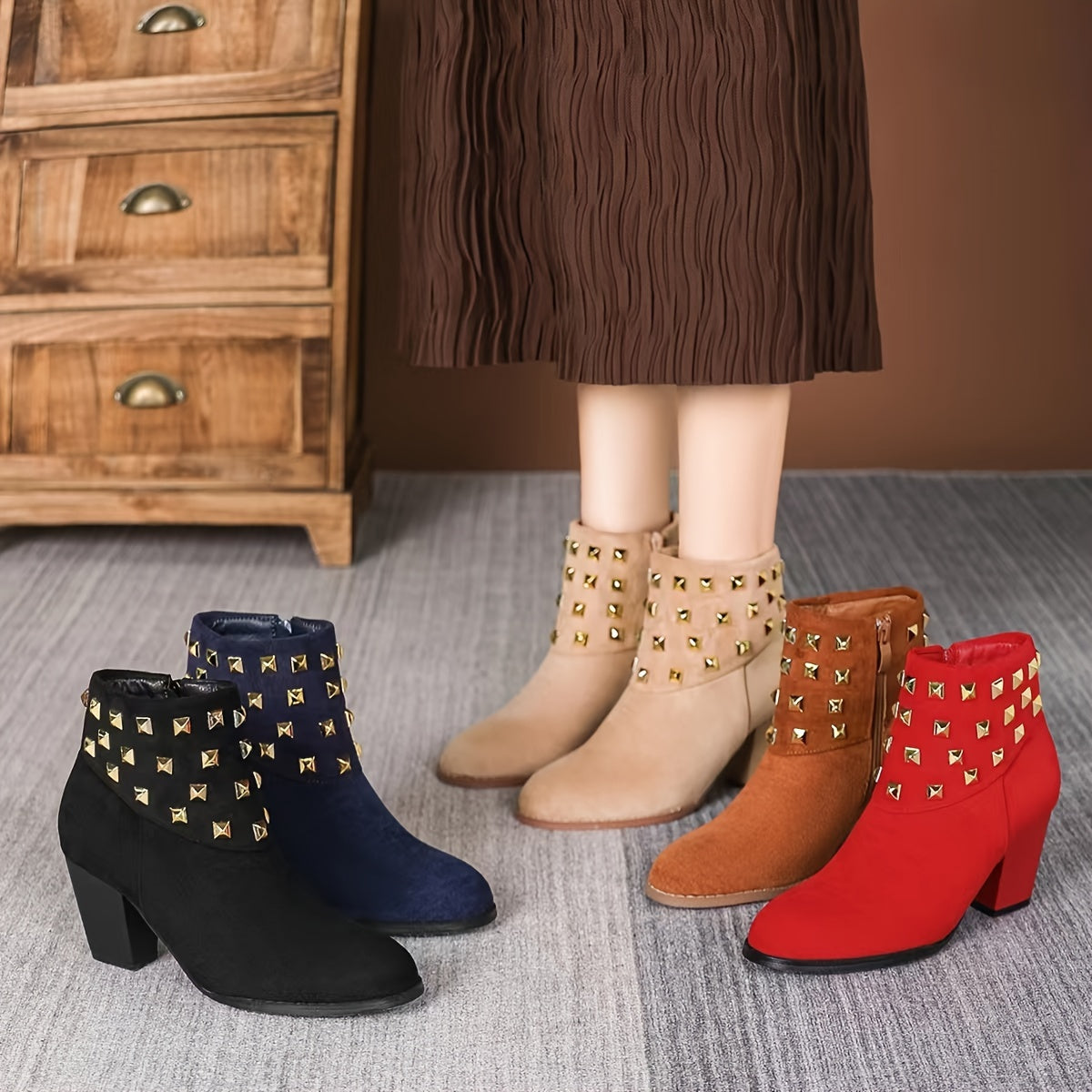 Women Ankle Boots Flannel Solid Color Chunky Block Heel Winter Shoes