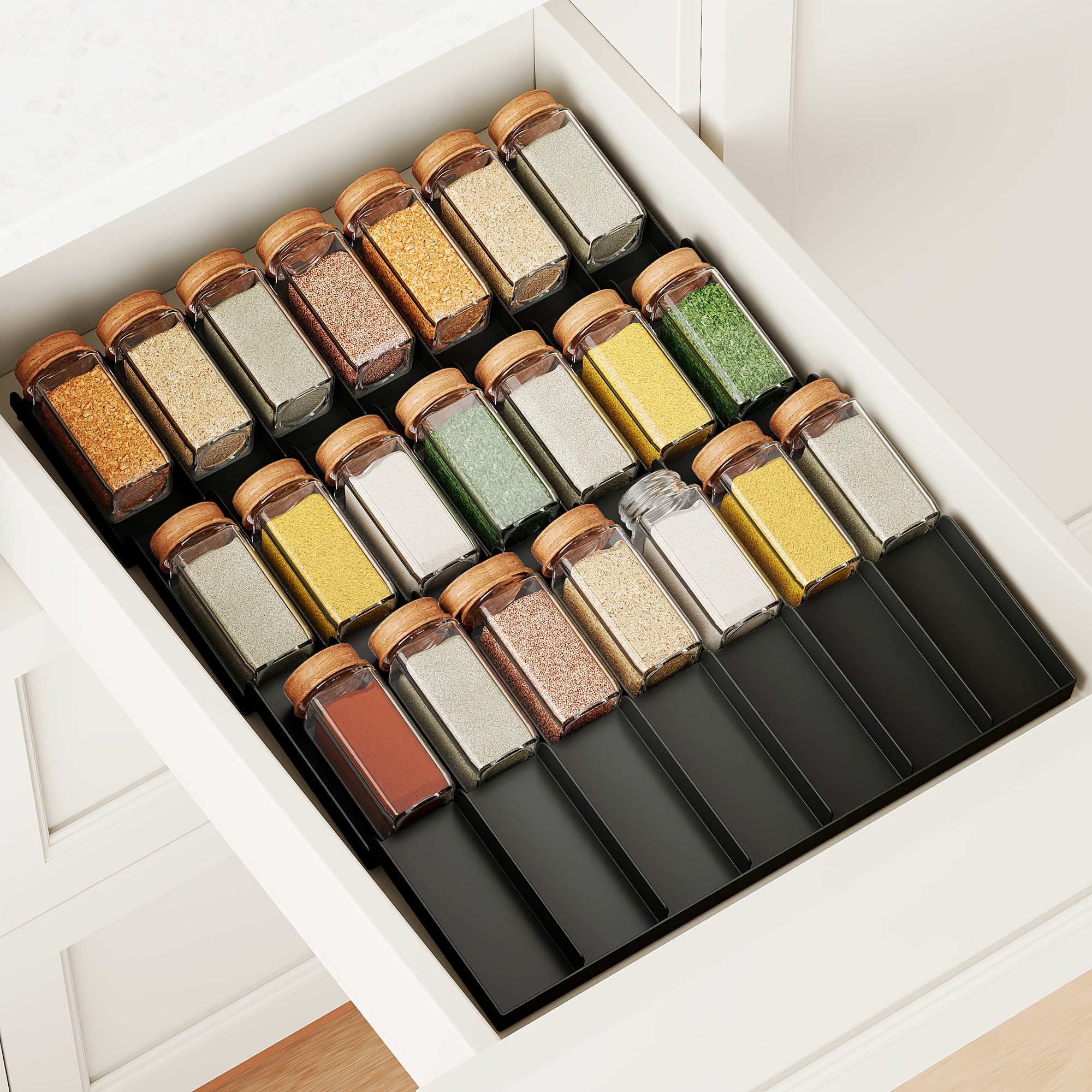 Sozlanadigan plastmassa ziravorlar shkafini tashkil etuvchi saqlash konteynerlari bilan