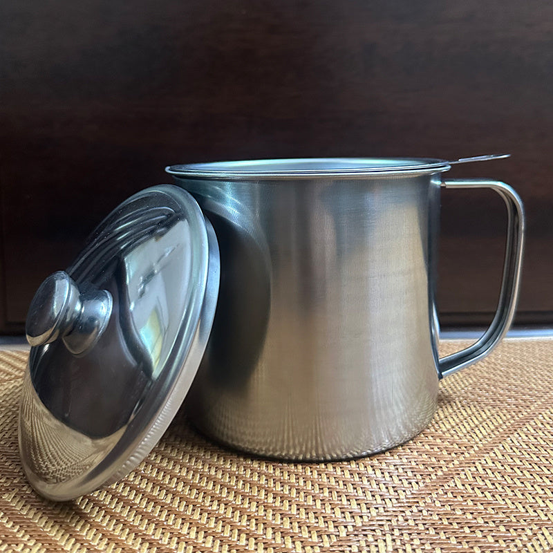 Stainless Steel Oil Storage Container with Strainer 43.96oz Kitchen Filtration Pot