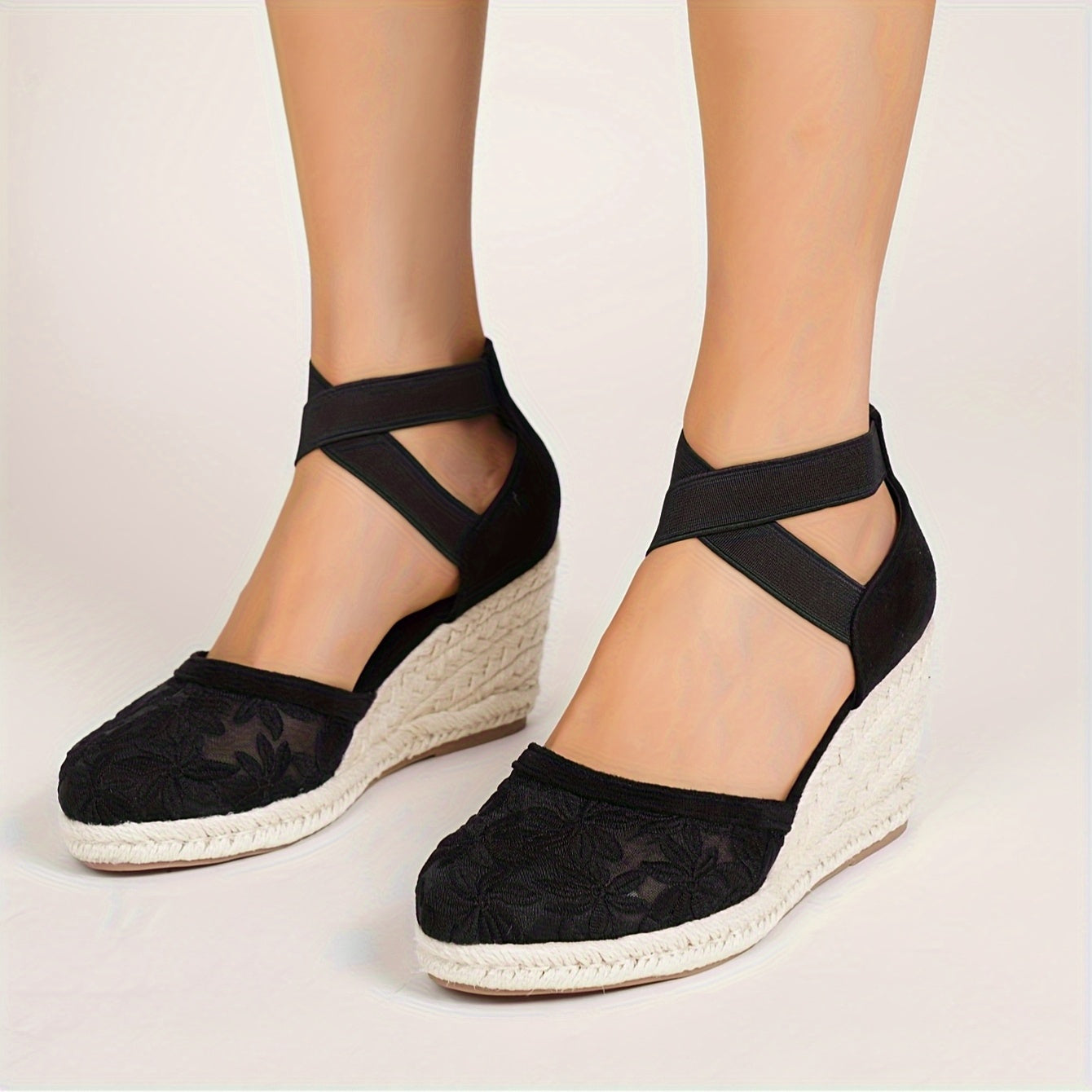 Women's Black High Heel Espadrille Pumps With Non-Slip Wedge and Ankle Straps
