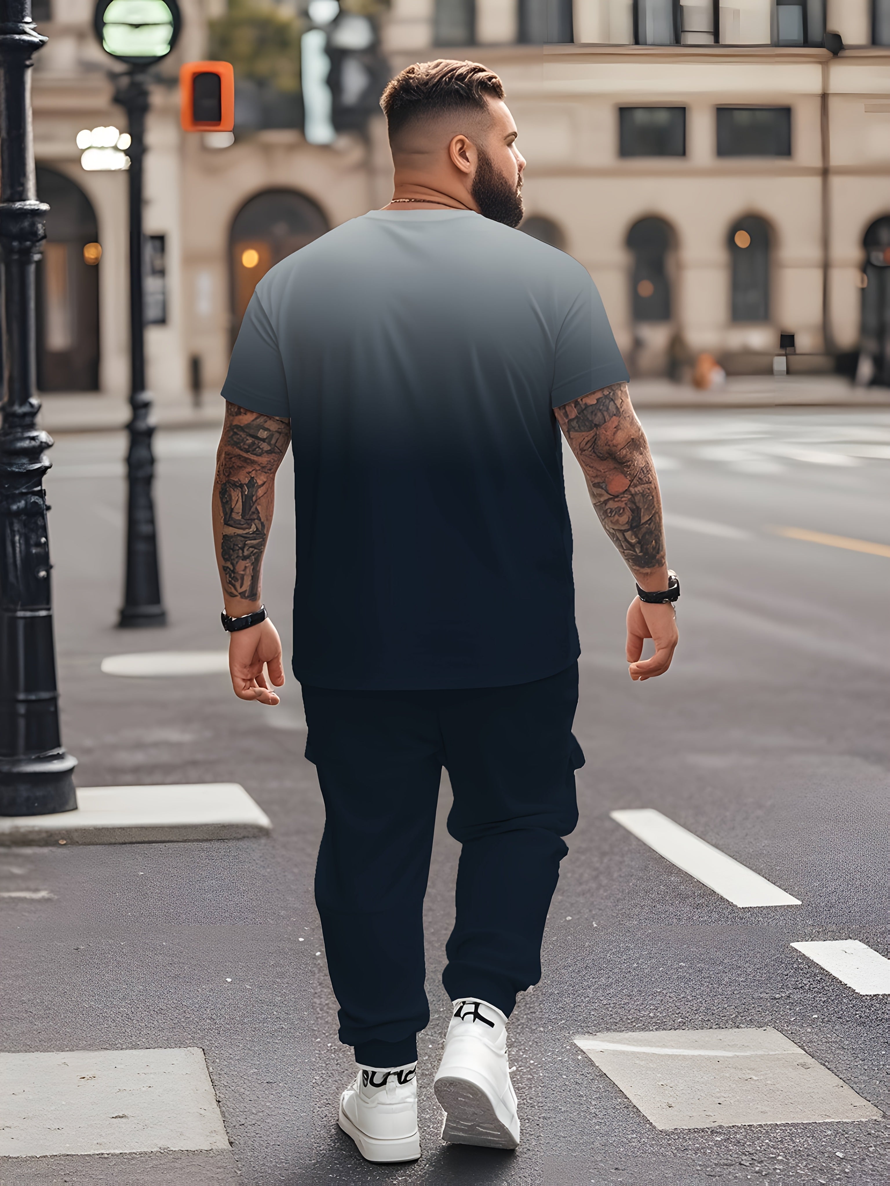 Комплект спортивной одежды для мужчин больших размеров с омбре, с футболкой с круглым вырезом и штанами на шнурке