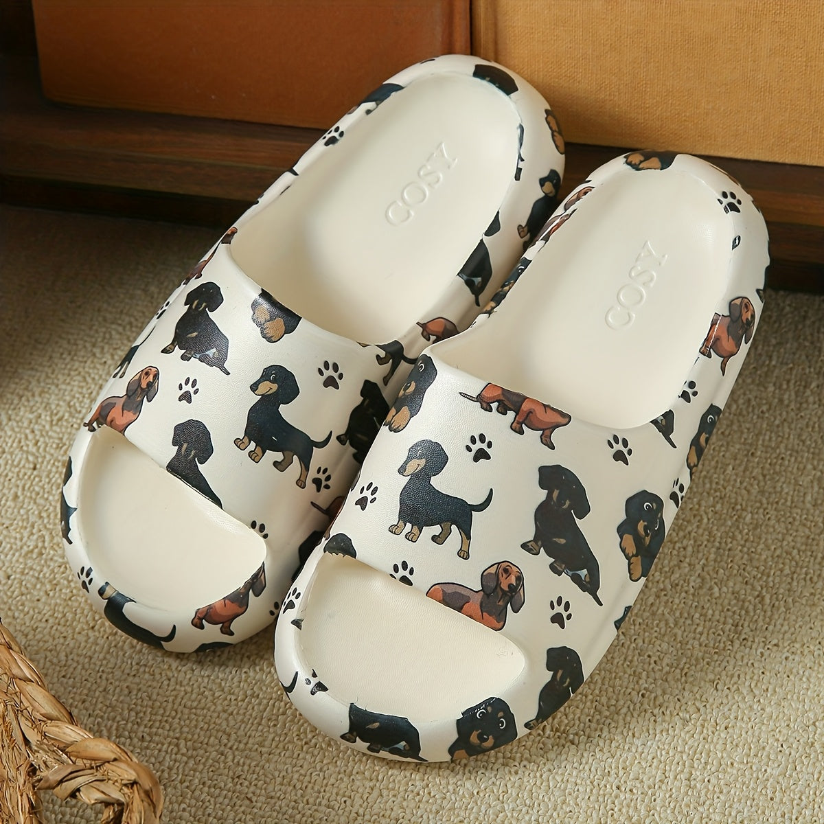 Unisex Soft Plush Cartoon Dog Slippers Open-Toe Non-Slip Indoor Slides