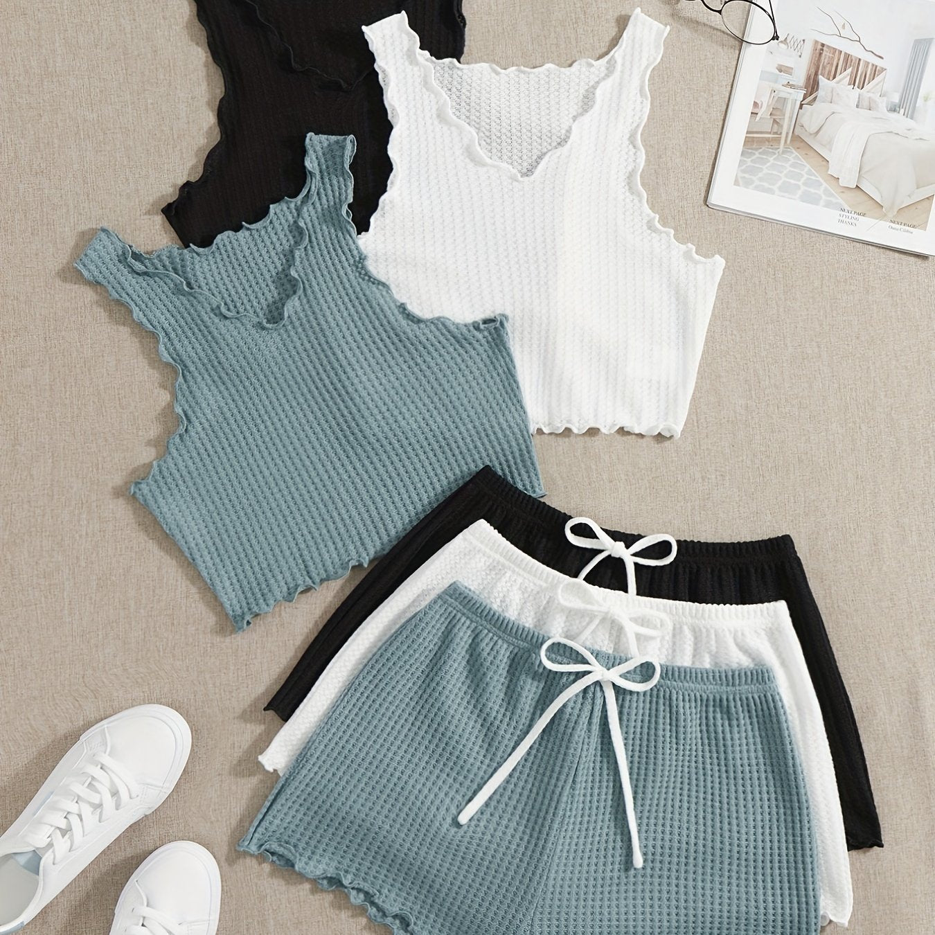 Women's Waffle Pajama Set Tank Top and Shorts Solid Color Micro Elasticity Sleepwear