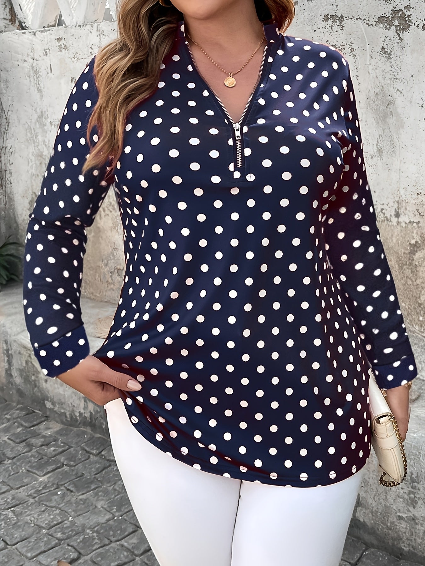 Plus Size Women's Polka Dot V-Neck Long Sleeve Blouse Black White Office Wear