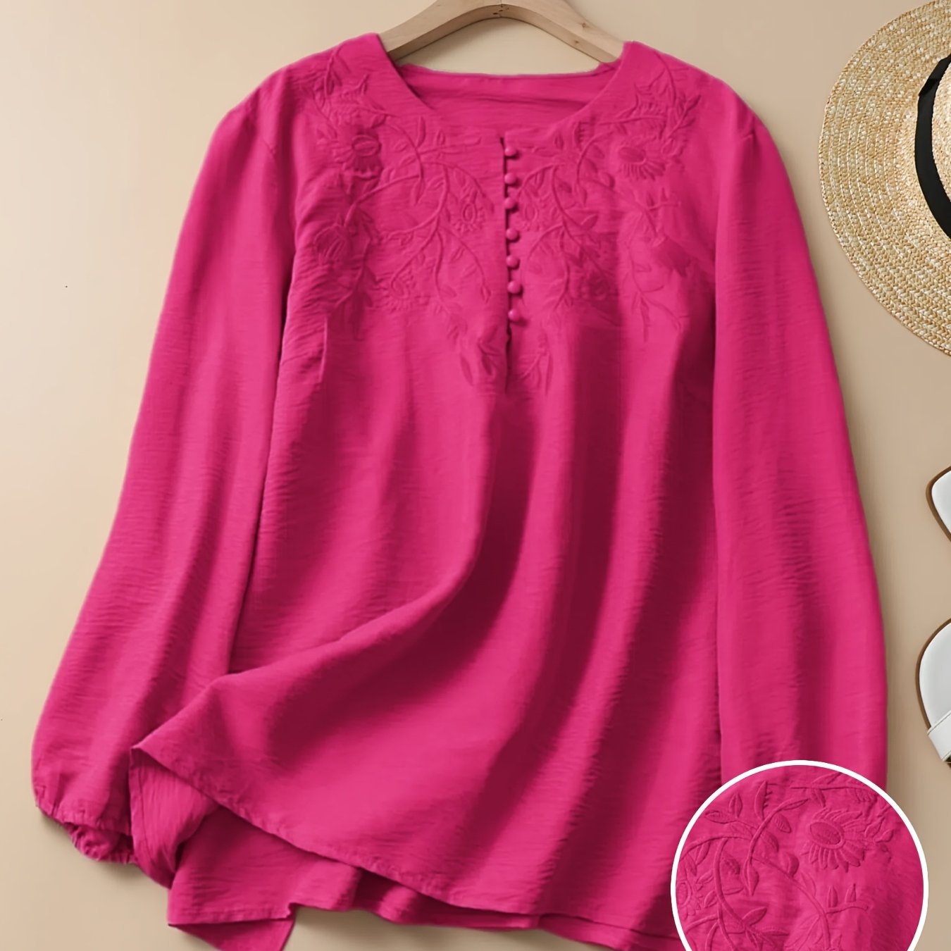 Floral Embroidered Long Sleeve Shirt for Women Made of Polyester and Spandex
