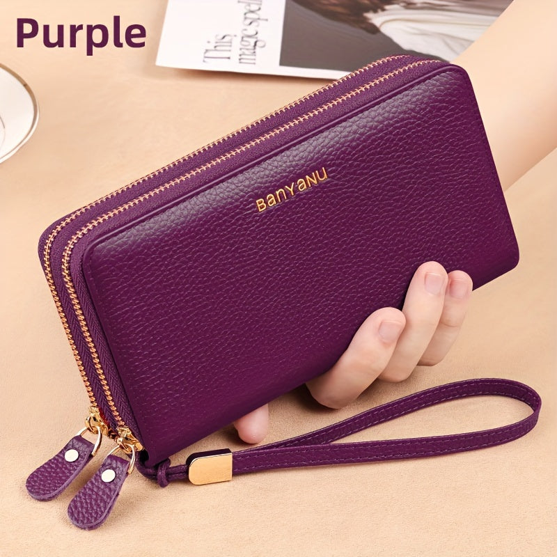 Women's Genuine Leather Wallet with Wristlet Burgundy Large Capacity Double Zip RFID Blocking