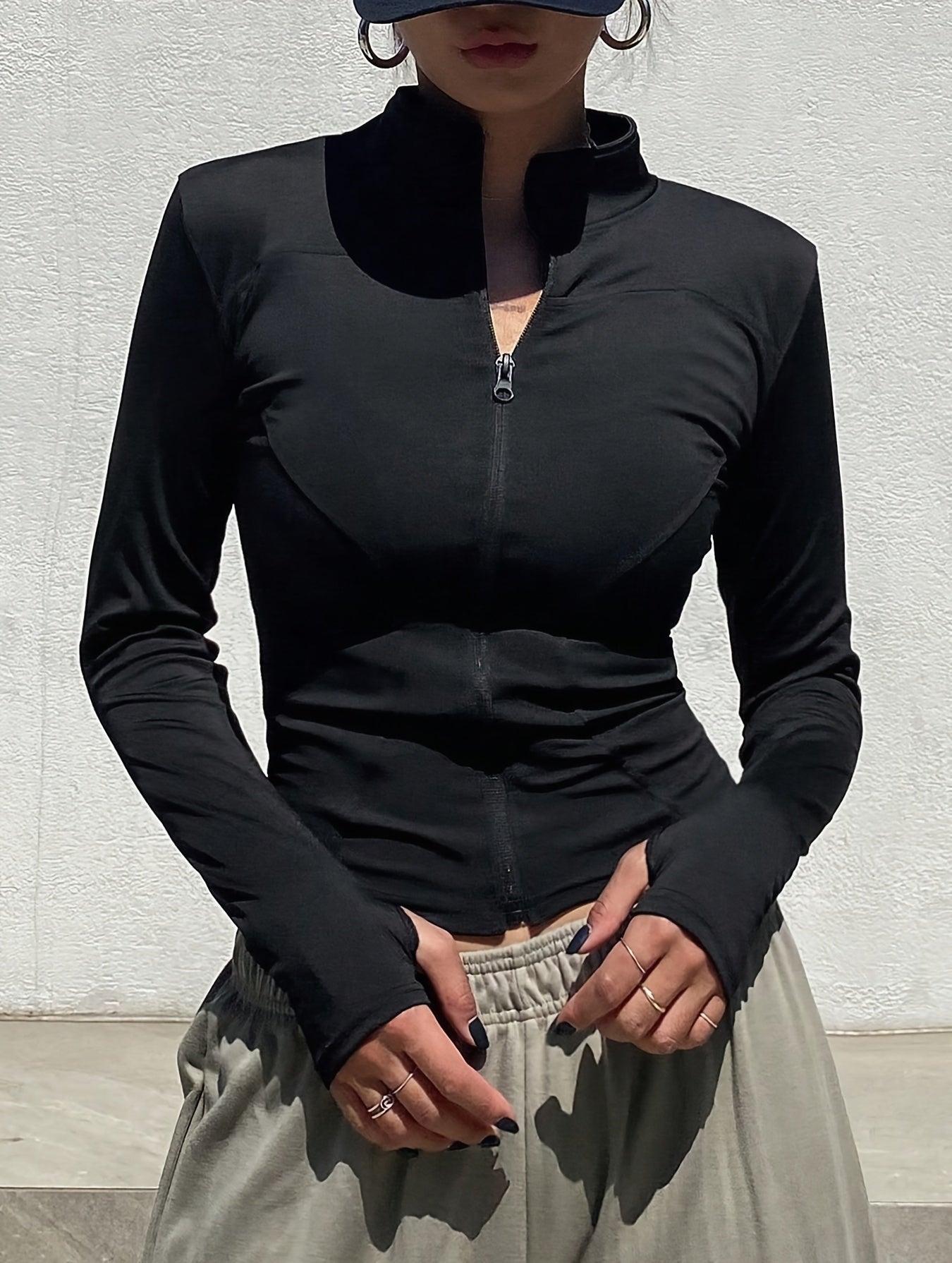 Women's Slim Fit Long Sleeve Mock Neck Zipper Top for Spring and Fall