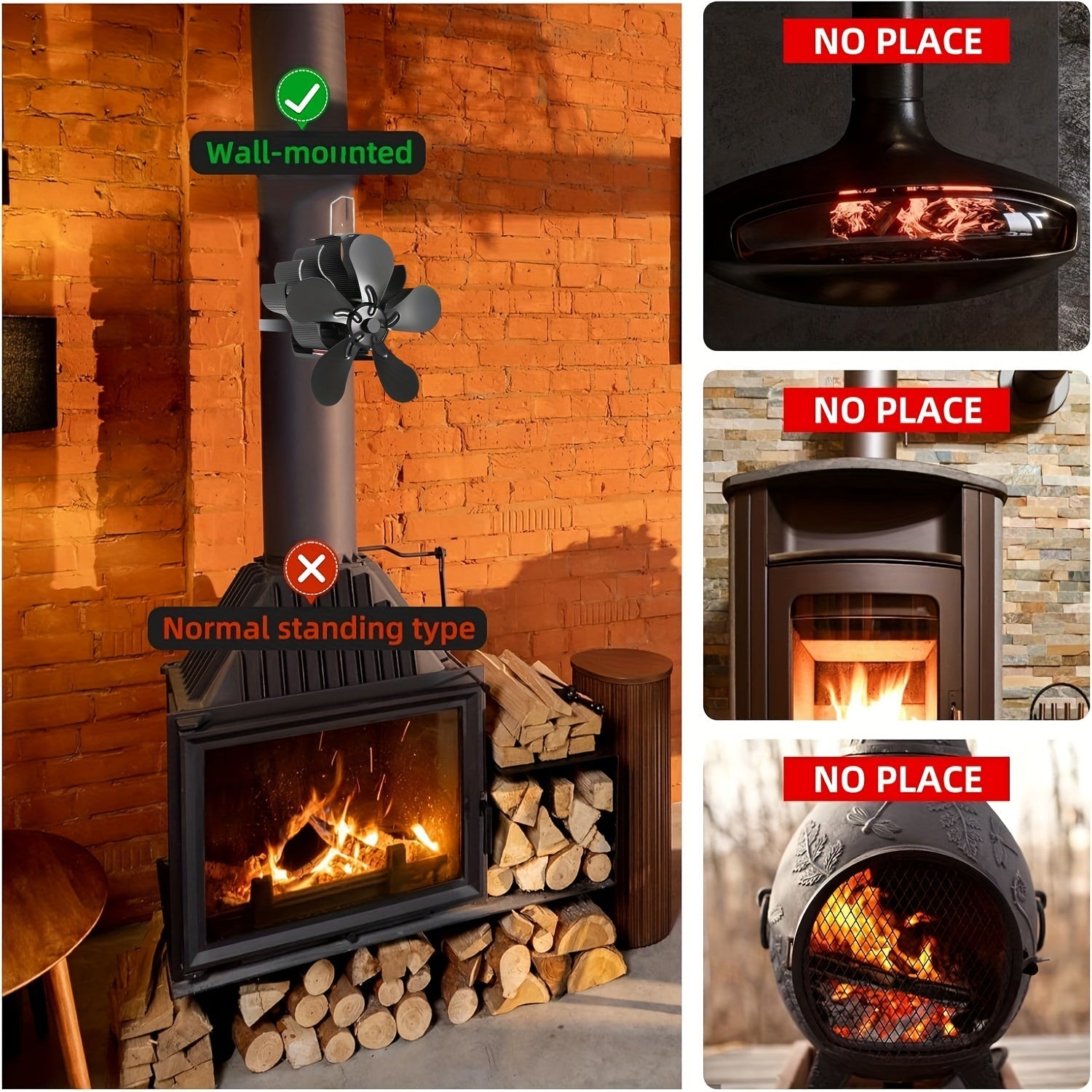 Wood Stove Fan 5 Blades Heat Powered Silent Firewood Gas Heating Accessory