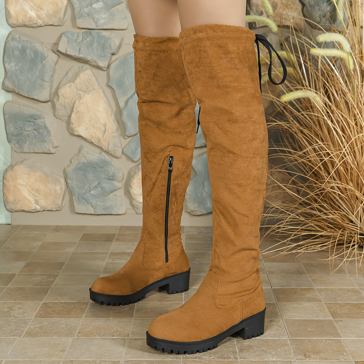 Women's Black Over-the-Knee Riding Boots with Mid-Heel and Full Zip