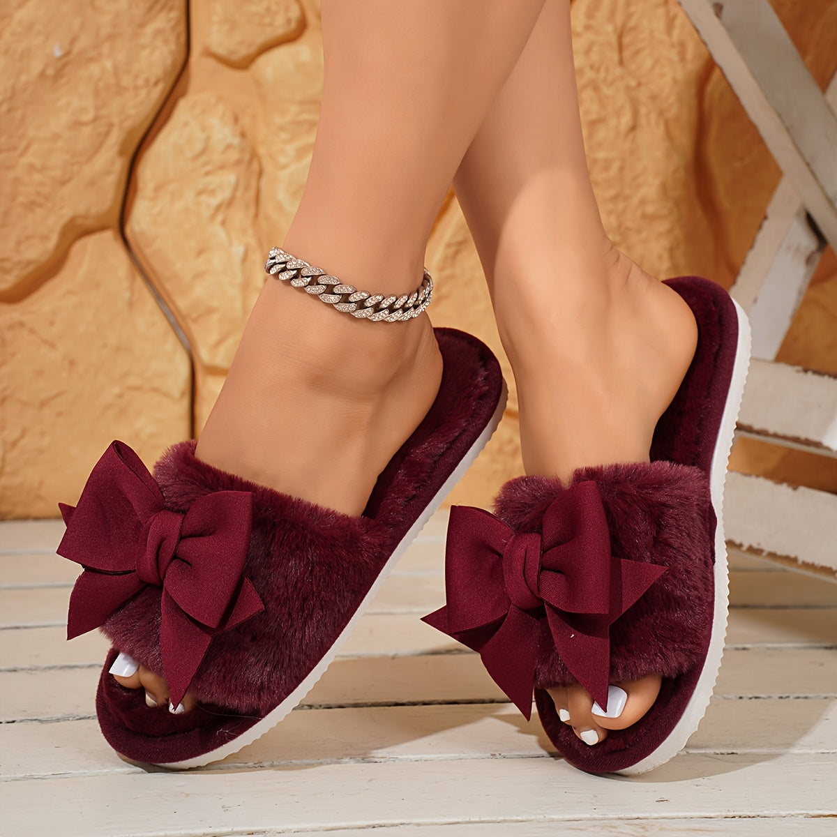 Women's Plush Slip-On House Slippers with Bow, Soft Fabric, All-Season Indoor Comfort