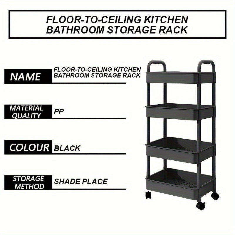 4-Tier Rolling Cart with Wheels and Lockable Casters for Kitchen and Bathroom Black Plastic Basket Included