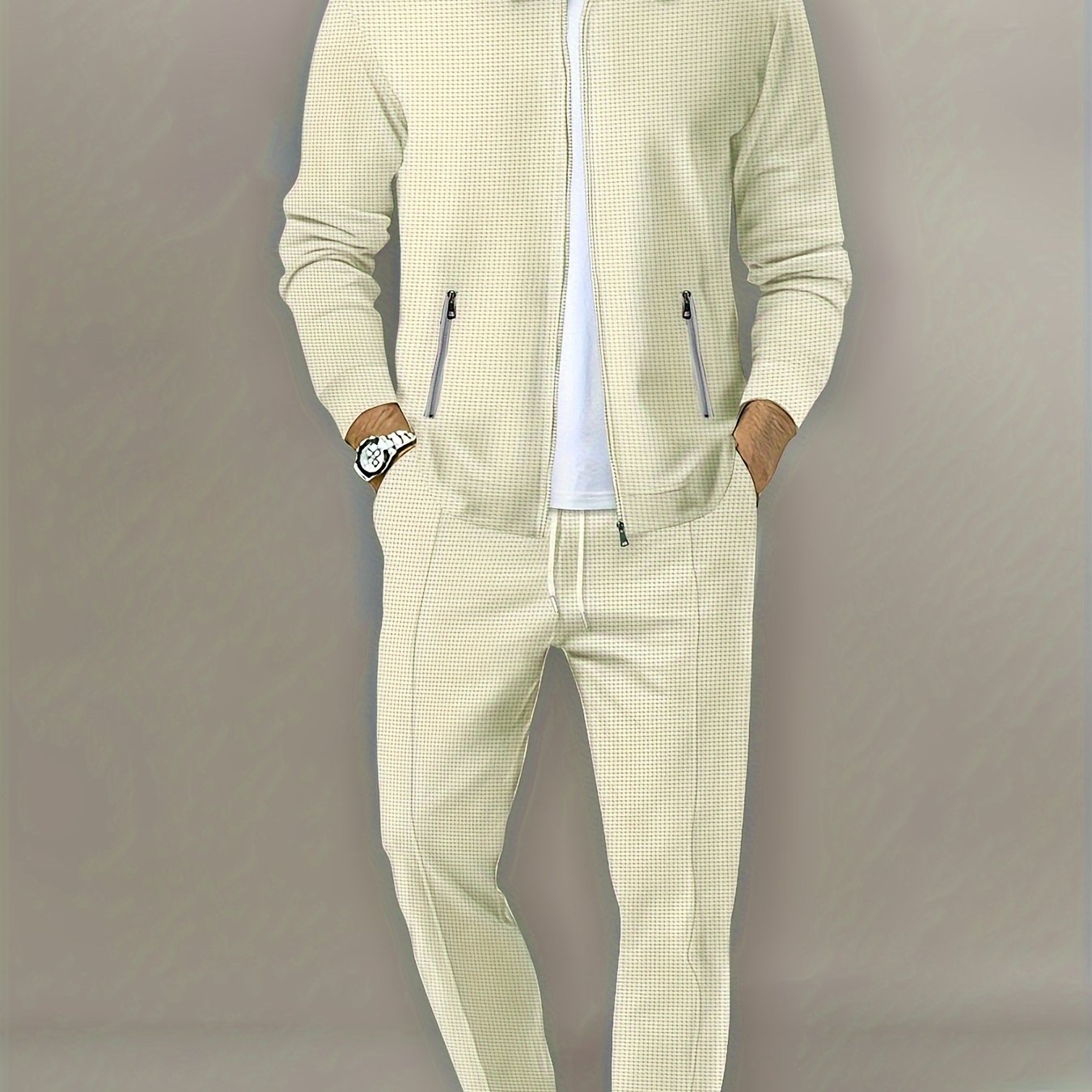 Conjunto casual de color sólido para hombre de 2 piezas con pantalones con cordón y chaqueta con cremallera