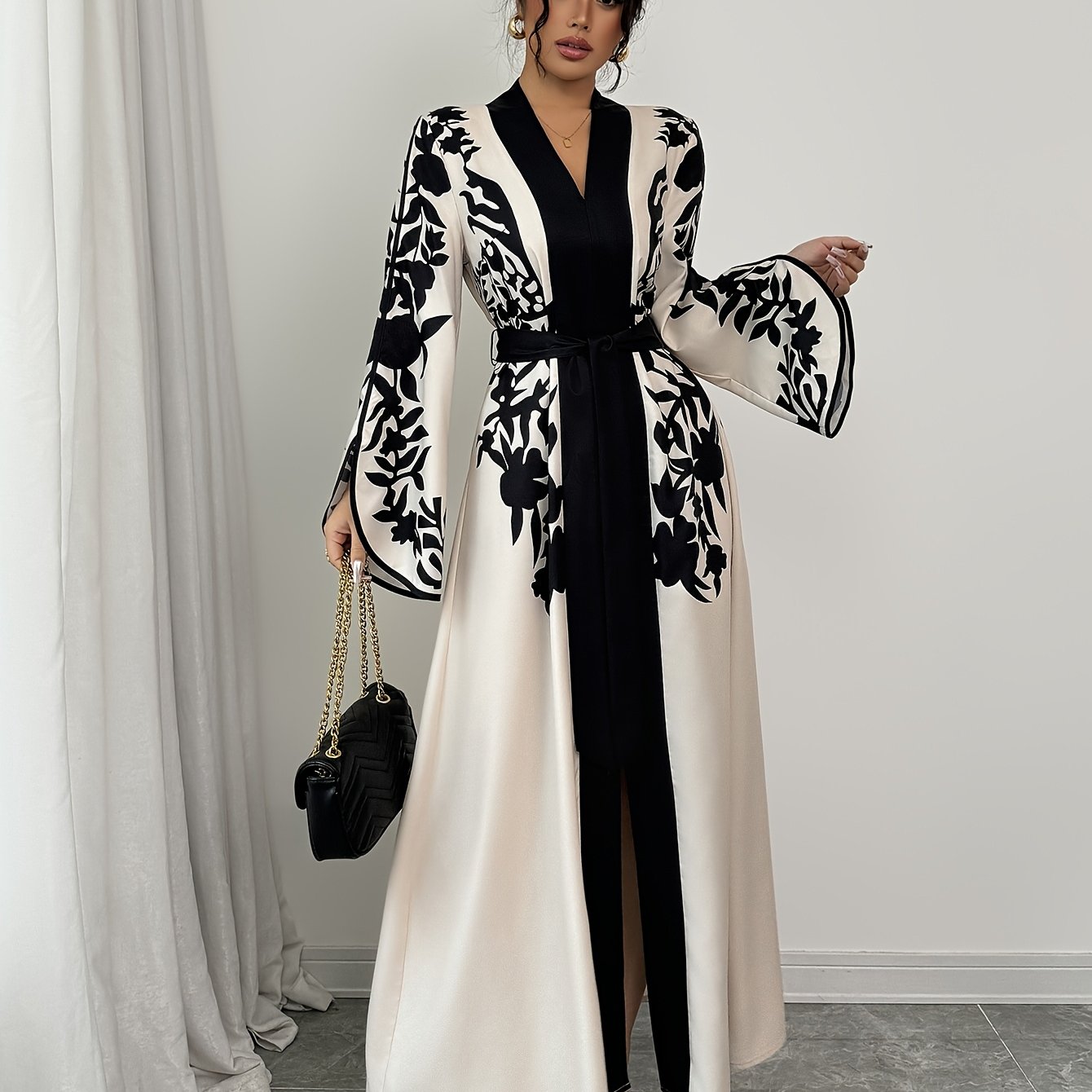 Women's Fall Peplum Dress with Floral Print V-Neck Woven Polyester Elastane