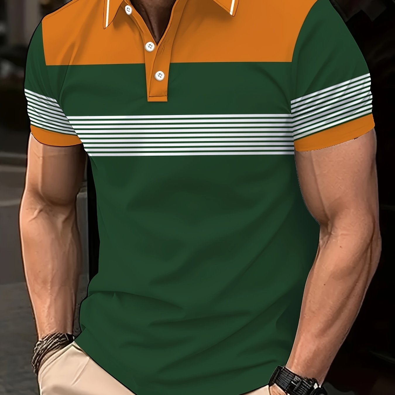 Camisa de golf de talla grande para hombre de manga corta, de poliéster transpirable con rayas, casual, azul marino y gris