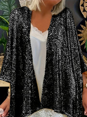 Plus Size Women's Sequin Sleeve Blouse Vivid Red Open Front Casual Formal