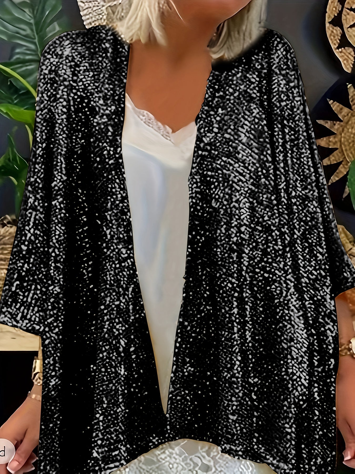 Plus Size Women's Sequin Sleeve Blouse Vivid Red Open Front Casual Formal