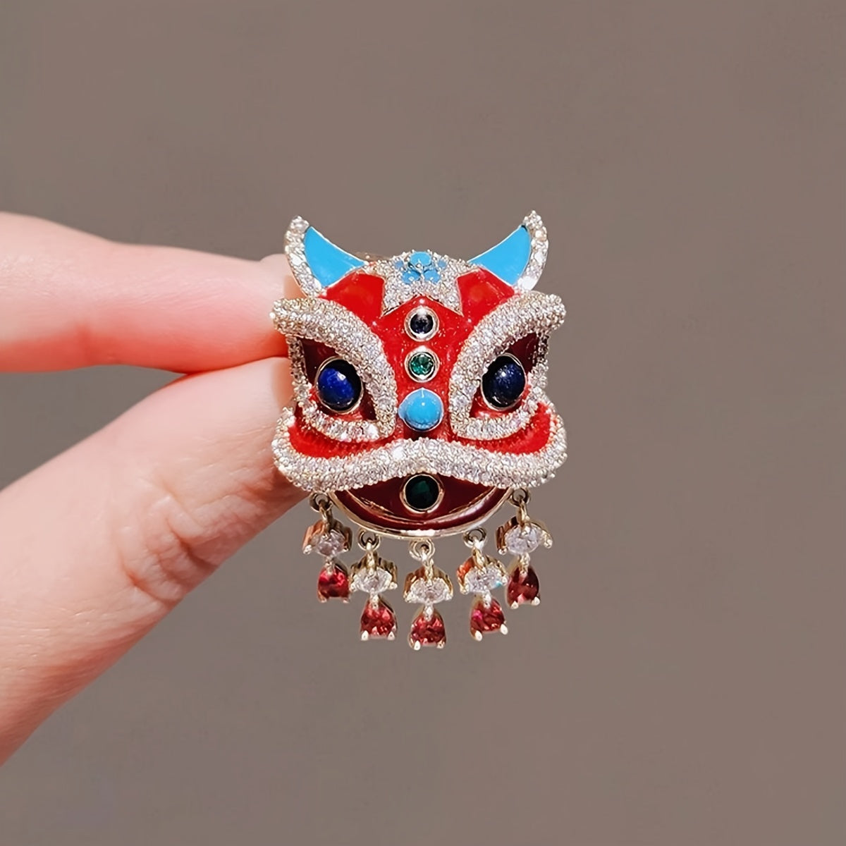 Red Lion Dance Brooch Crystal Jewelry for Women Chinese Style Gift