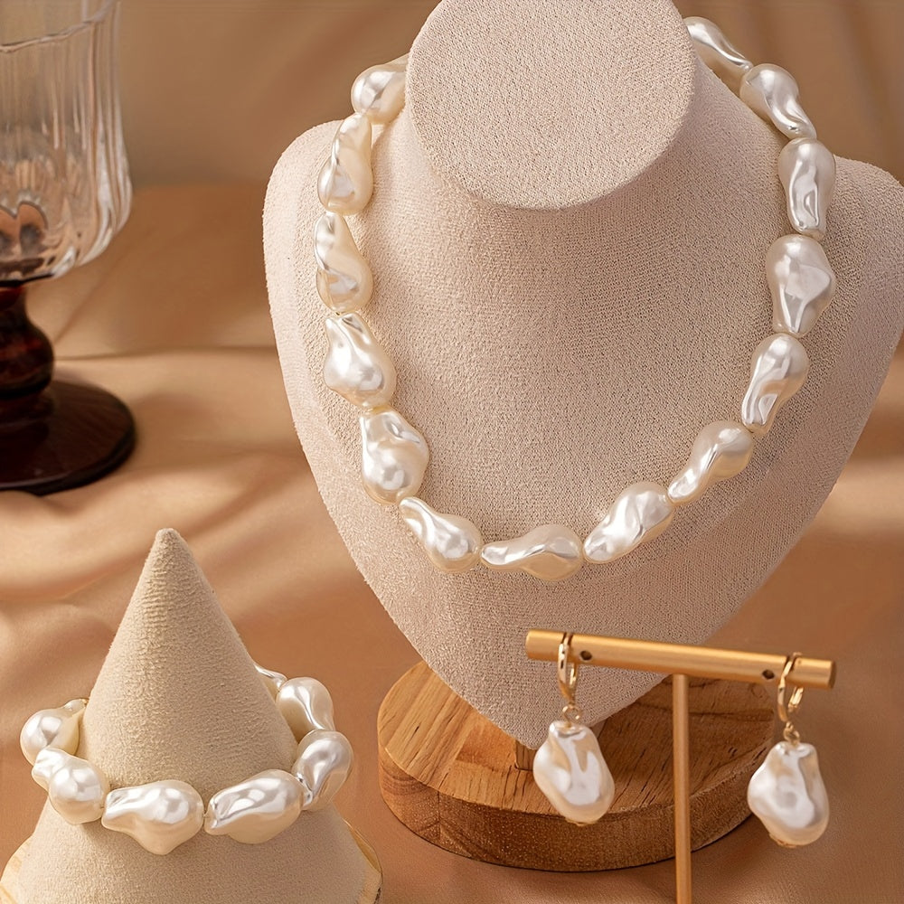 Women's Jewelry Set with Imitation Pearls Baroque Necklace Bracelet Earrings Geometric Design
