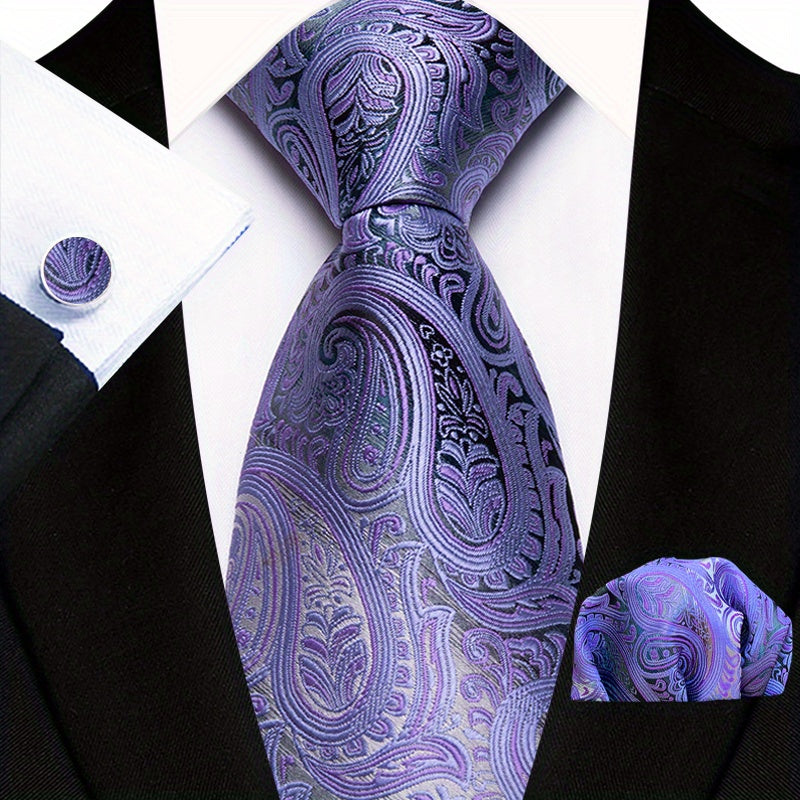 Men's Floral Plaid Necktie and Handkerchief Clip Set for Business and Weddings