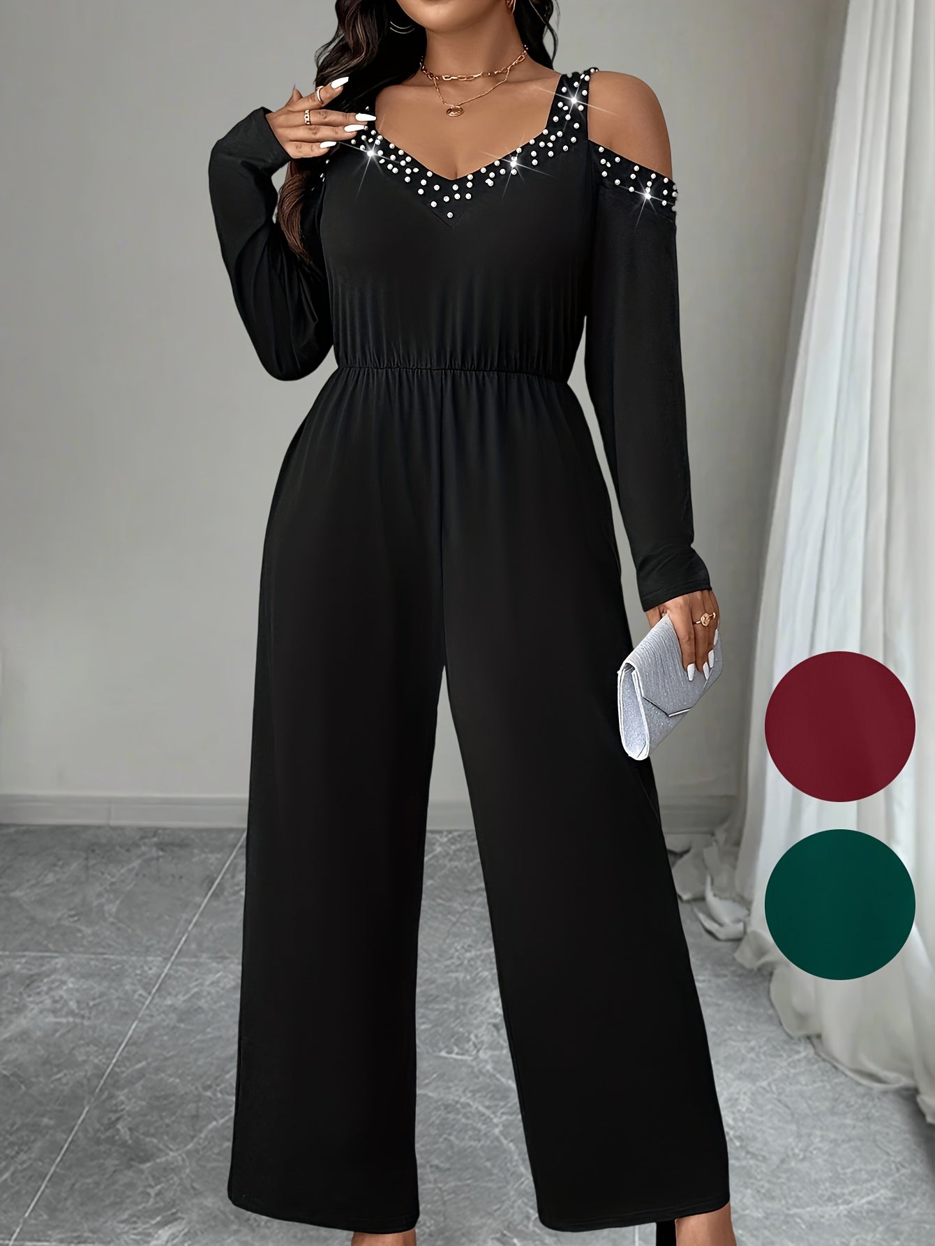 Plus Size Solid Cold Shoulder Jumpsuit Beaded Cinched Waist Women
