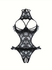 Ayollar uchun zamonaviy dantel bodysuit, asimmetrik dizayn va to'qilgan mato tafsilotlari bilan. Yaqin kiyim uchun mukammal.