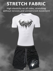 Men's Casual Sports Suit with Quick-Dry Short Sleeve and Spider Print Shorts