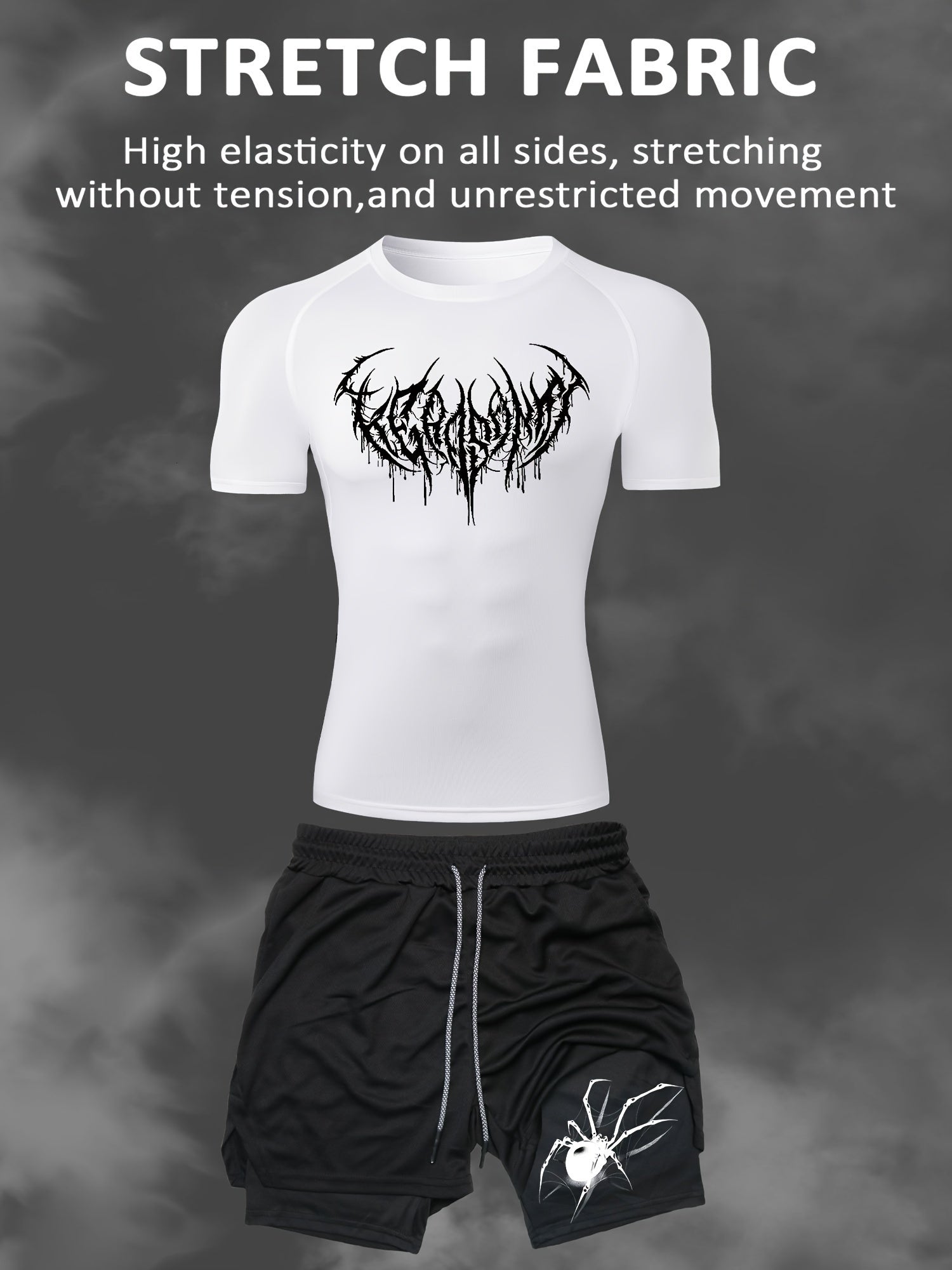 Men's Casual Sports Suit with Quick-Dry Short Sleeve and Spider Print Shorts