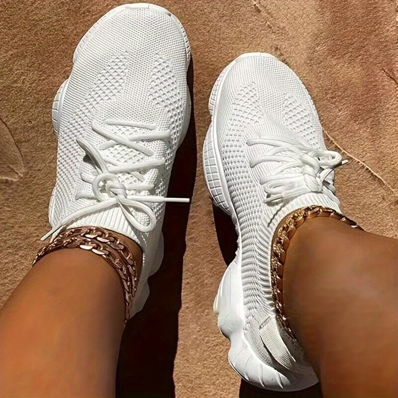 Women's Casual Sneakers, Lightweight Round Toe, Lace Up, Solid Color