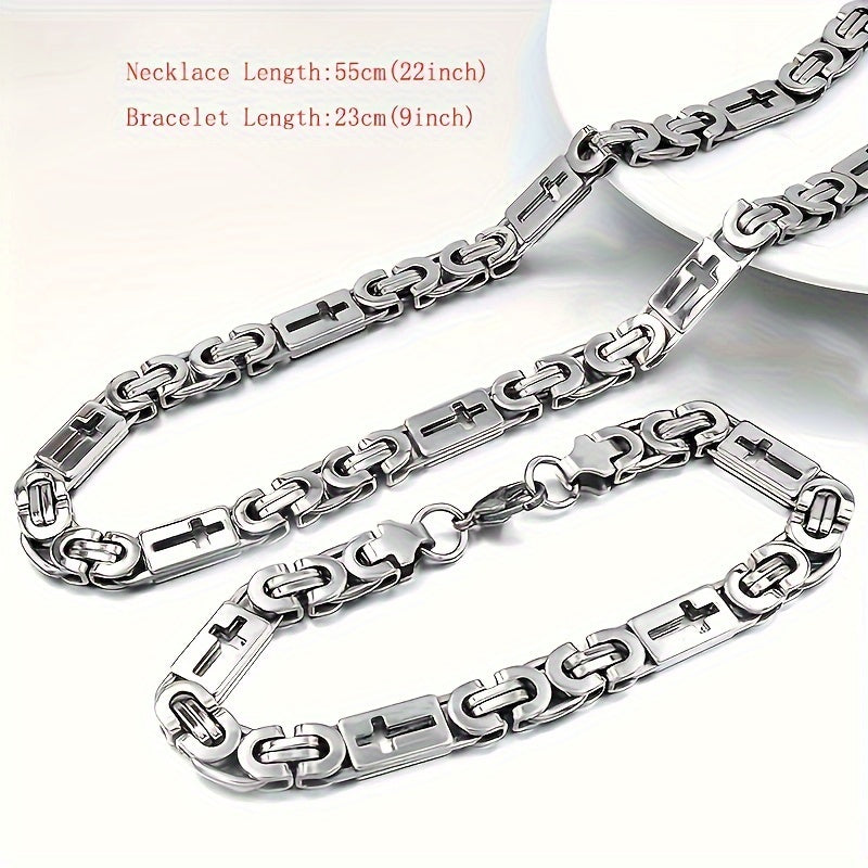 Men's Stainless Steel Necklace and Bracelet Set Golden Tone Hollow-Out Design 55.88cm/22.1in