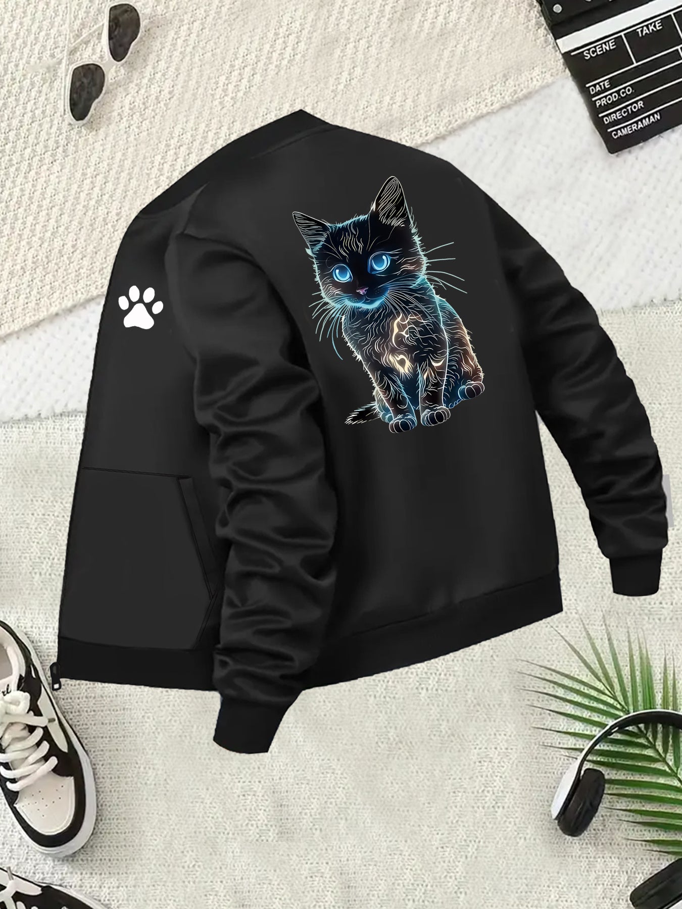 Women's Plus Size Casual Jacket with Cat Print Long Sleeve Zip-Up Black Blue White