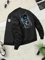 Women's Plus Size Casual Jacket with Cat Print Long Sleeve Zip-Up Black Blue White