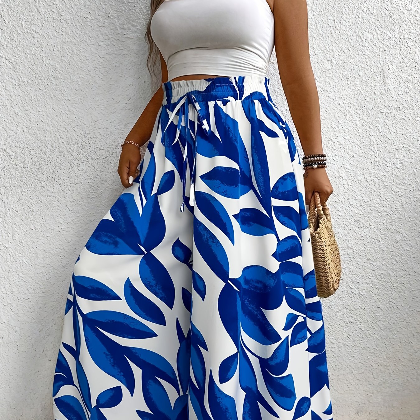 Plus Size Women's Floral Print Culottes with Asymmetrical Wide Leg and Drawstring