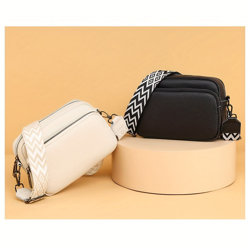 Women's Crossbody Bag with Adjustable Geometric Pattern Strap PU Zipper Closure