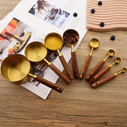 Set of 8 Golden Stainless Steel Measuring Cups and Spoons with Wooden Handles